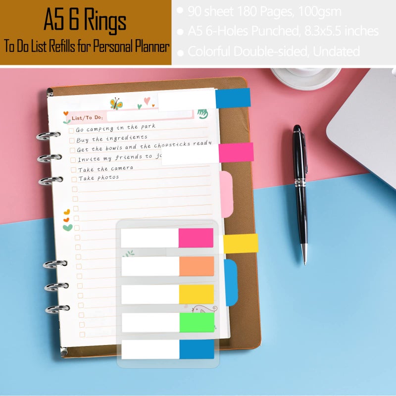 Rancco A5 Planner Inserts to Do List  90 Pages Colorful 6-Ring Loose-leaf Planner Refills w/Binder Divider  Zipper Pouch  Ruler  Index Tab for Personal Journal  Filofax  Double-sided Undated 5.5?8.3"" - Image 4